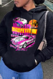 Black Casual Print Patchwork Basic Hooded Collar Tops