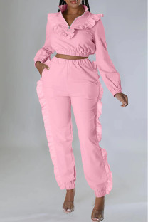 Pink Casual Solid Patchwork Zipper Collar Long Sleeve Two Pieces