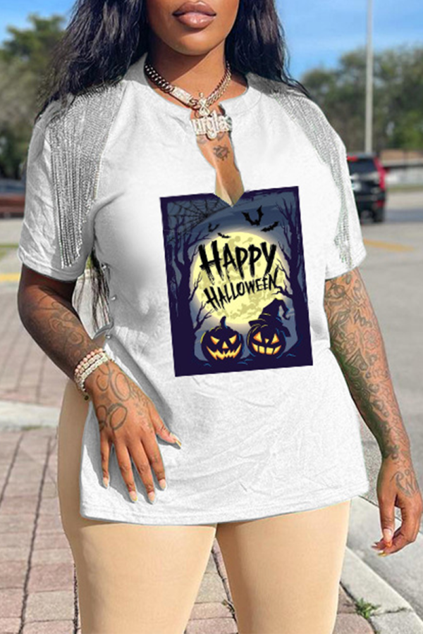 White Street Print Tassel V Neck T-Shirts
