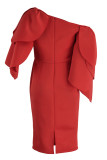Red Fashion Sexy Solid Patchwork Oblique Collar Evening Dress