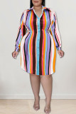 Royal Blue Casual Striped Print Hollowed Out Patchwork Buckle Turndown Collar Shirt Dress Plus Size Dresses