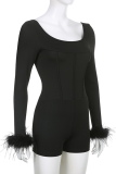 Black Sexy Solid Tassel Square Collar Skinny Rompers