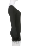 Black Sexy Solid Tassel Square Collar Skinny Rompers