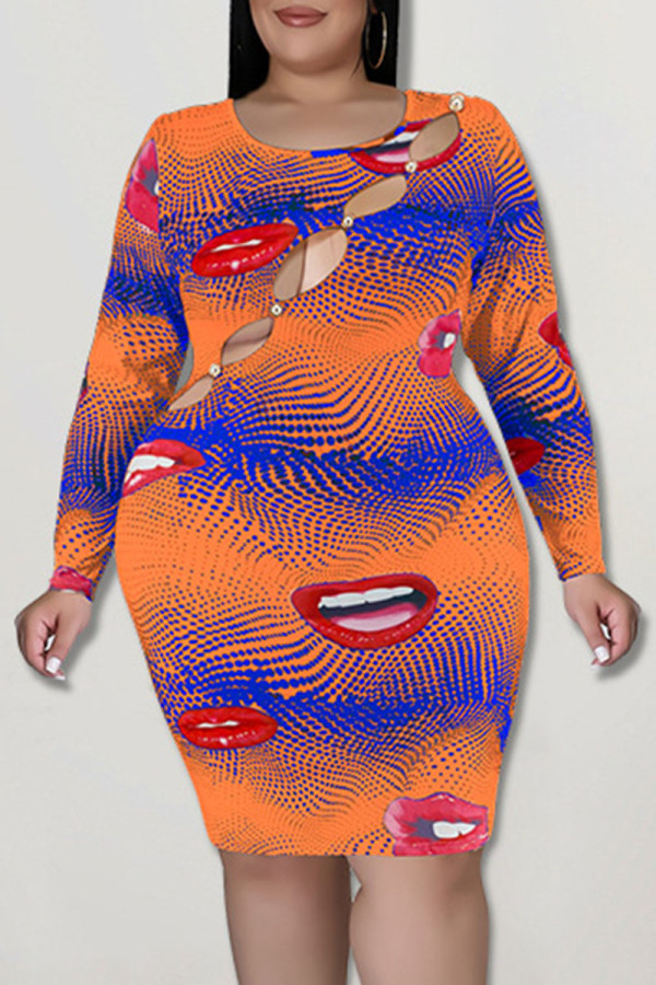 Tangerine Red Sexy Print Hollowed Out Patchwork O Neck Pencil Skirt Dresses