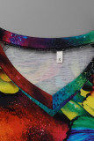 Colour Fashion Casual Print Patchwork V Neck T-Shirts