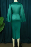 Green Casual Elegant Solid Patchwork Fold O Neck One Step Skirt Dresses