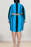 Green Casual Striped Print Hollowed Out Patchwork Buckle Turndown Collar Shirt Dress Plus Size Dresses