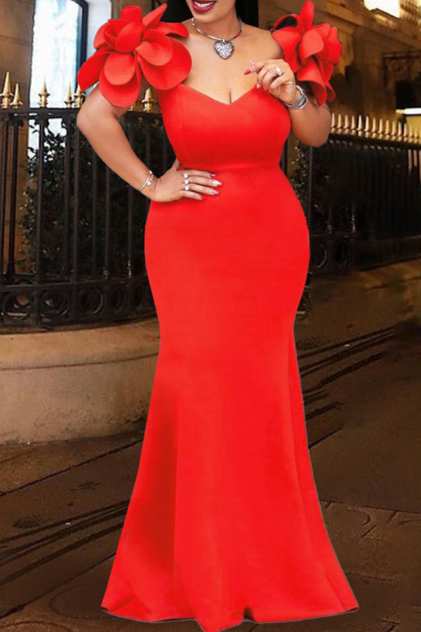 Red Elegant Solid Patchwork Appliques V Neck Evening Dress Dresses
