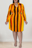 Green Casual Striped Print Hollowed Out Patchwork Buckle Turndown Collar Shirt Dress Plus Size Dresses