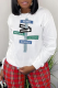 White Casual Street Print Patchwork Letter O Neck Tops