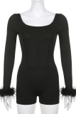 Black Sexy Solid Tassel Square Collar Skinny Rompers