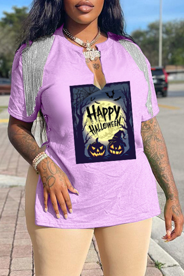 Light Purple Street Print Tassel V Neck T-Shirts