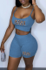 Light Blue Fashion Casual Print Split Joint O Neck Short Sleeve Two Pieces