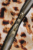 Leopard Print Sexy Print Patchwork Zipper Half A Turtleneck Long Sleeve Dresses