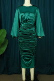 Green Casual Elegant Solid Patchwork Fold O Neck One Step Skirt Dresses