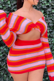Red Sexy Striped V Neck Long Sleeve Two Pieces
