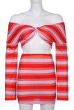 Red Sexy Striped V Neck Long Sleeve Two Pieces