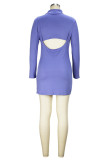 Rose Purple Sexy Casual Solid Hollowed Out Turtleneck Long Sleeve Dresses
