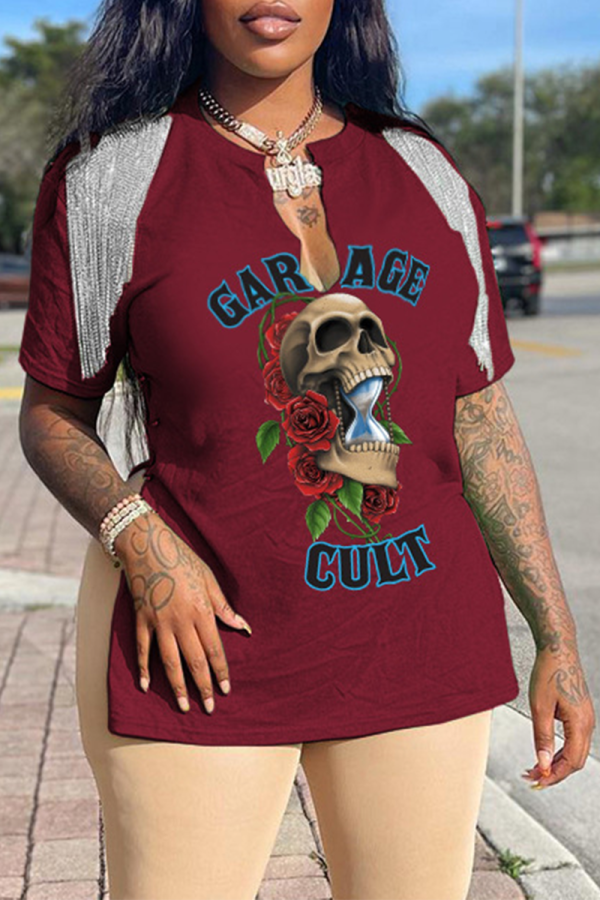 Burgundy Daily Skull Tassel V Neck T-Shirts