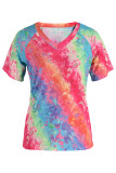Colour Fashion Casual Print Patchwork V Neck T-Shirts