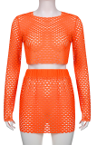 Orange Sexy Solid Mesh O Neck Long Sleeve Two Pieces