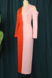 Red Work Elegant Solid Patchwork Buckle Turndown Collar Straight Dresses