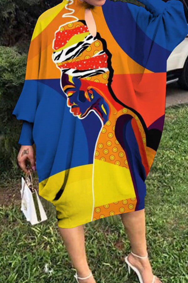 Blue Casual Print Patchwork O Neck Printed Dress Dresses