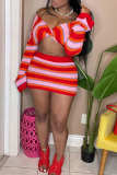 Red Sexy Striped V Neck Long Sleeve Two Pieces