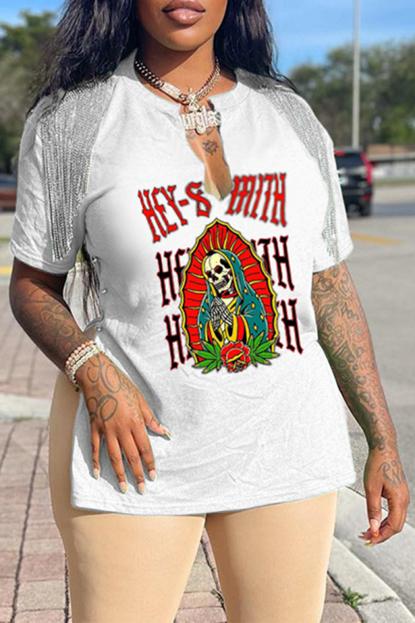 White Street Print Skull Tassel V Neck T-Shirts