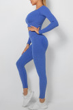 Blue Casual Sportswear Solid Patchwork U Neck Long Sleeve Two Pieces