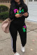 Black Casual Letter Print Patchwork Turtleneck Long Sleeve Two Pieces