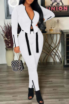 White Street Solid Patchwork Zipper Collar Long Sleeve Two Pieces
