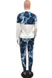 Blue Casual Camouflage Print Patchwork Zipper Collar Plus Size Two Pieces