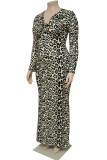 Green Casual Print Leopard Patchwork V Neck Long Sleeve Plus Size Dresses
