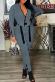 Dark Gray Street Solid Patchwork Zipper Collar Long Sleeve Two Pieces