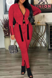 Rose Red Street Solid Patchwork Zipper Collar Long Sleeve Two Pieces