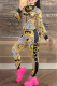 Gold Casual Print Patchwork Zipper Collar Long Sleeve Two Pieces