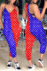 Blue Casual Print Patchwork Spaghetti Strap Jumpsuits