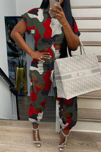 Red Casual Camouflage Print Hollowed Out O Neck Plus Size Two Pieces