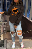 Black Casual Print Patchwork Hooded Collar Tops