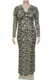 Burgundy Casual Print Leopard Patchwork V Neck Long Sleeve Plus Size Dresses