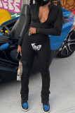 Black Casual Print Patchwork Zipper Collar Skinny Jumpsuits