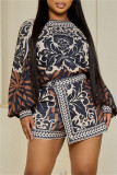 Light Brown Casual Print Patchwork O Neck Long Sleeve Two Pieces