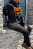 Black Casual Print Patchwork Hooded Collar Long Sleeve Two Pieces