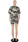 Army Green Casual Print Patchwork O Neck Short Sleeve Two Pieces
