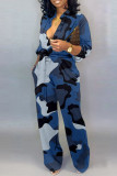 Blue Casual Camouflage Print Patchwork Turndown Collar Plus Size Jumpsuits