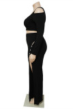 Black Sexy Casual Solid Hollowed Out Patchwork Slit U Neck Plus Size Two Pieces