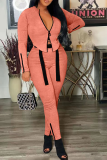 Coral Powder Street Solid Patchwork Zipper Collar Long Sleeve Two Pieces