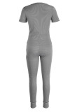 Grey Casual Sportswear Solid Patchwork O Neck Short Sleeve Two Pieces