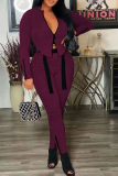 Fuchsia Street Solid Patchwork Zipper Collar Long Sleeve Two Pieces